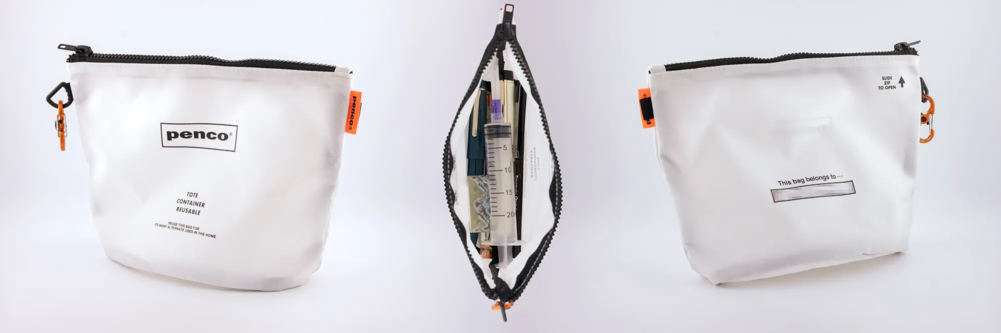 Front, top, and rear photos of a large white bucket pouch.