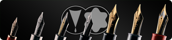 Photo of 7 fountain pen nibs on a grey background with the Montblanc and Moonman/Majohn logo in the centre