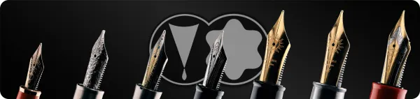 Photo of 7 fountain pen nibs on a grey background with the Montblanc and Moonman/Majohn logo in the centre
